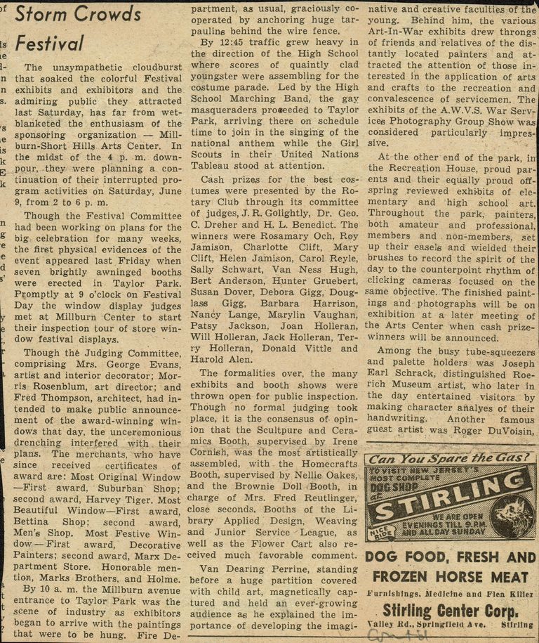          Millburn Art Center 1945 Scrapbook: Village Festival Reporting and Rain Date, 1945 picture number 1
   