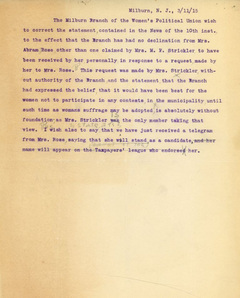          Millburn Women's Political Union: Request for Correction to News Article, 1915 picture number 1
   