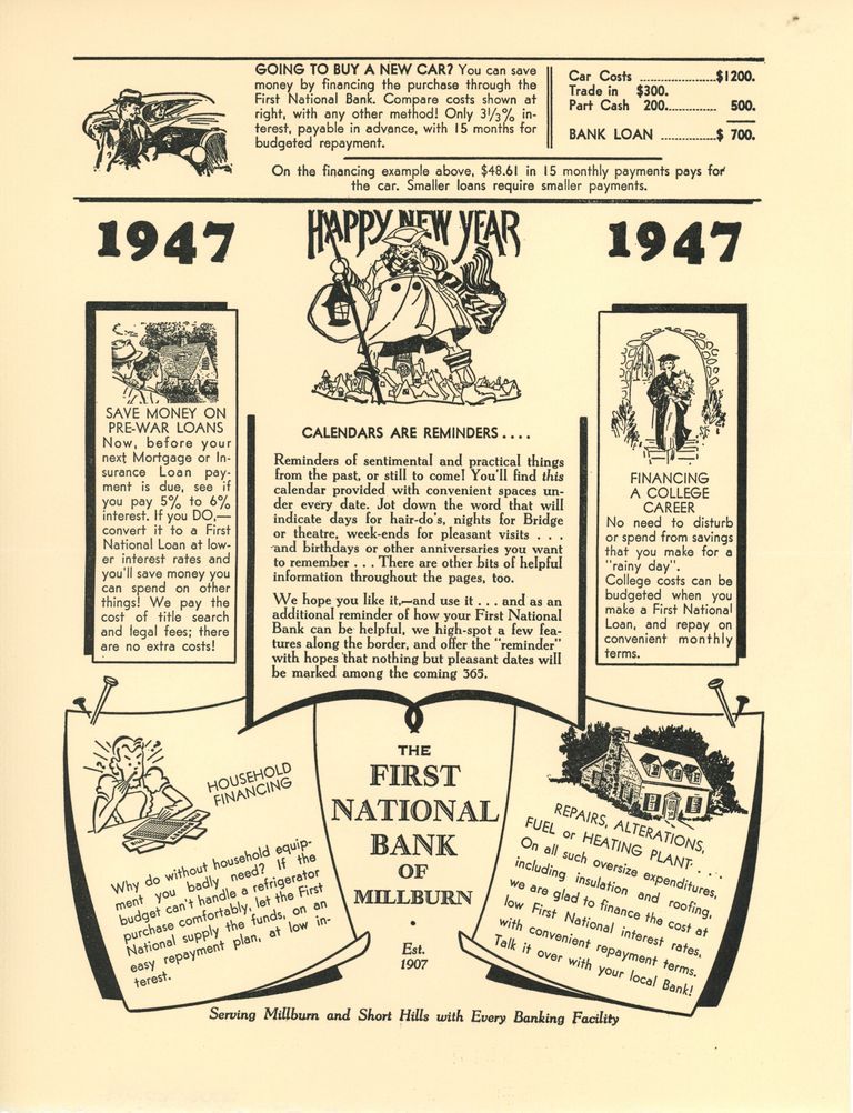          Bank: First National Bank of Millburn Advertisement, 1947 picture number 1
   