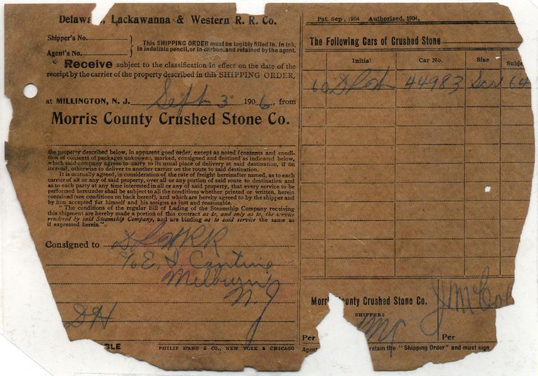          Crushed Stone Delivery Receipt from 1906 to Millburn Address
   