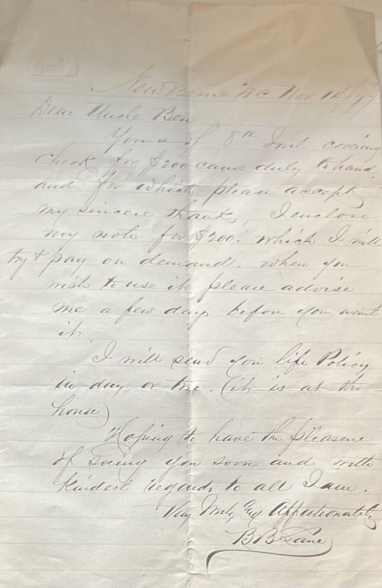          Brison Letter from B.B. Lane, 1877 picture number 1
   
