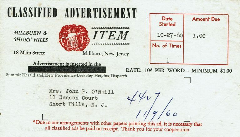          Issued to Mrs. John P. O'Neill, October 27 1960
   