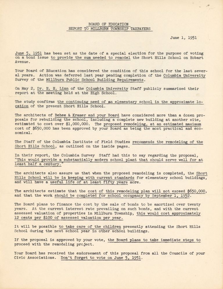         Board of Education: Report to Millburn Taxpayers, 1951 picture number 1
   
