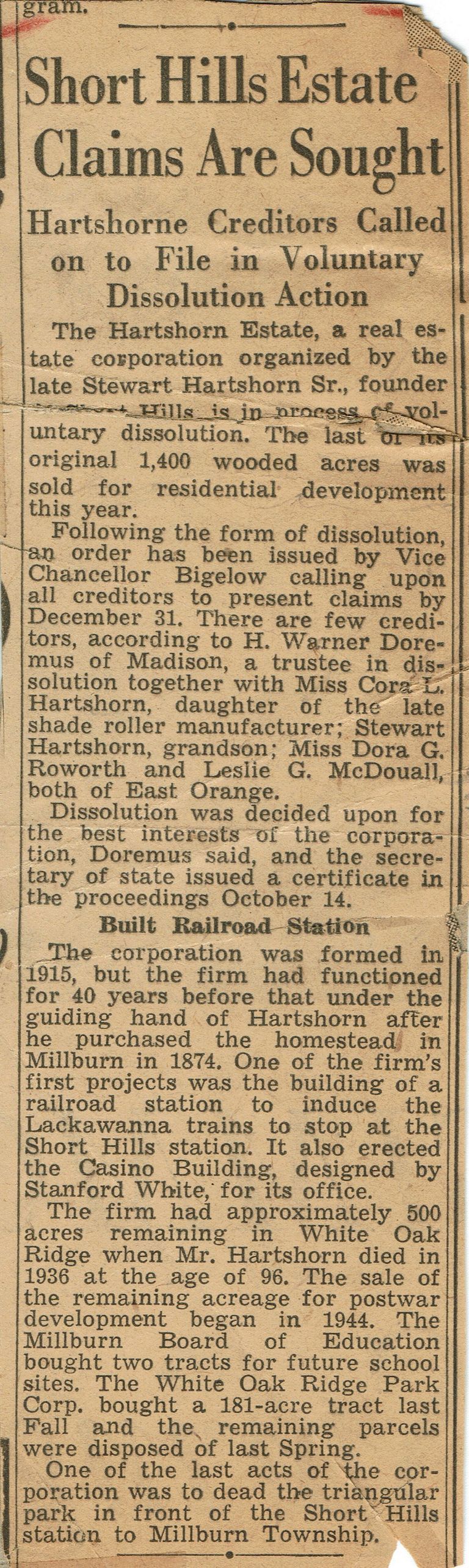          Hartshorn: Dissolution of Hartshorn Estates Article, c. 1945 picture number 1
   