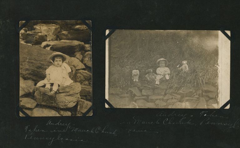          Scrapbook page 1: Audrey (Mangold) taken in Mauch Church Pennsylvania, c. 1909
   