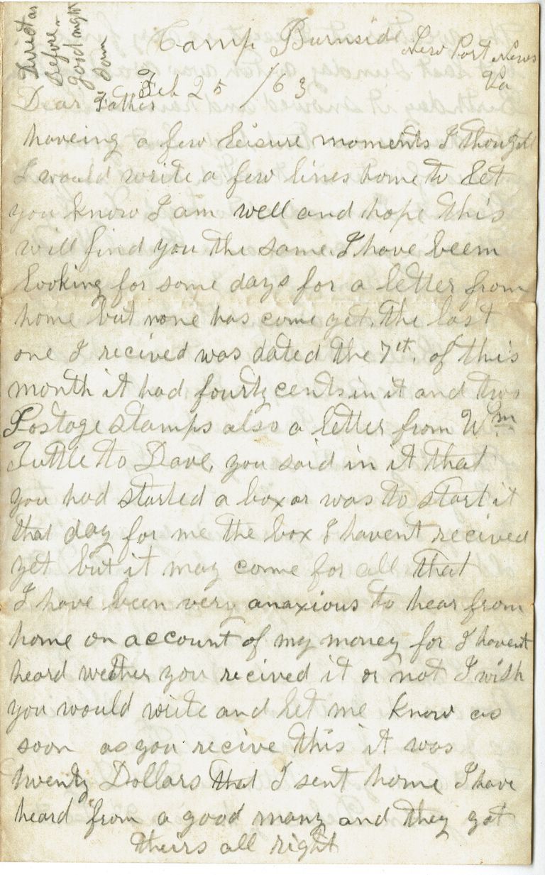          Parsil: Samuel B. Parsil Civil War Letter, February 25, 1863 picture number 1
   