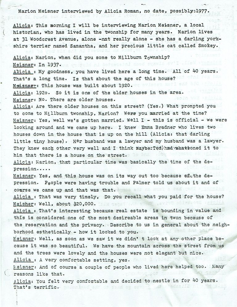          Interview with leading historian of Millburn Township; 4 pages
   