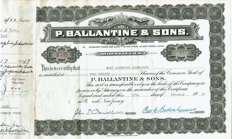          Badenahusen: Ballantine & Sons Stock Certificate, 1947 picture number 1
   