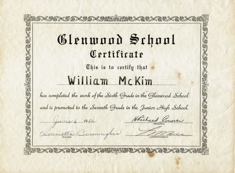          Glenwood School Diploma for William McKim, 1952 picture number 1
   