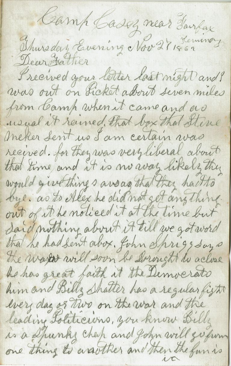          Parsil: Samuel B. Parsil Civil War Letter, November 27, 1862 picture number 1
   