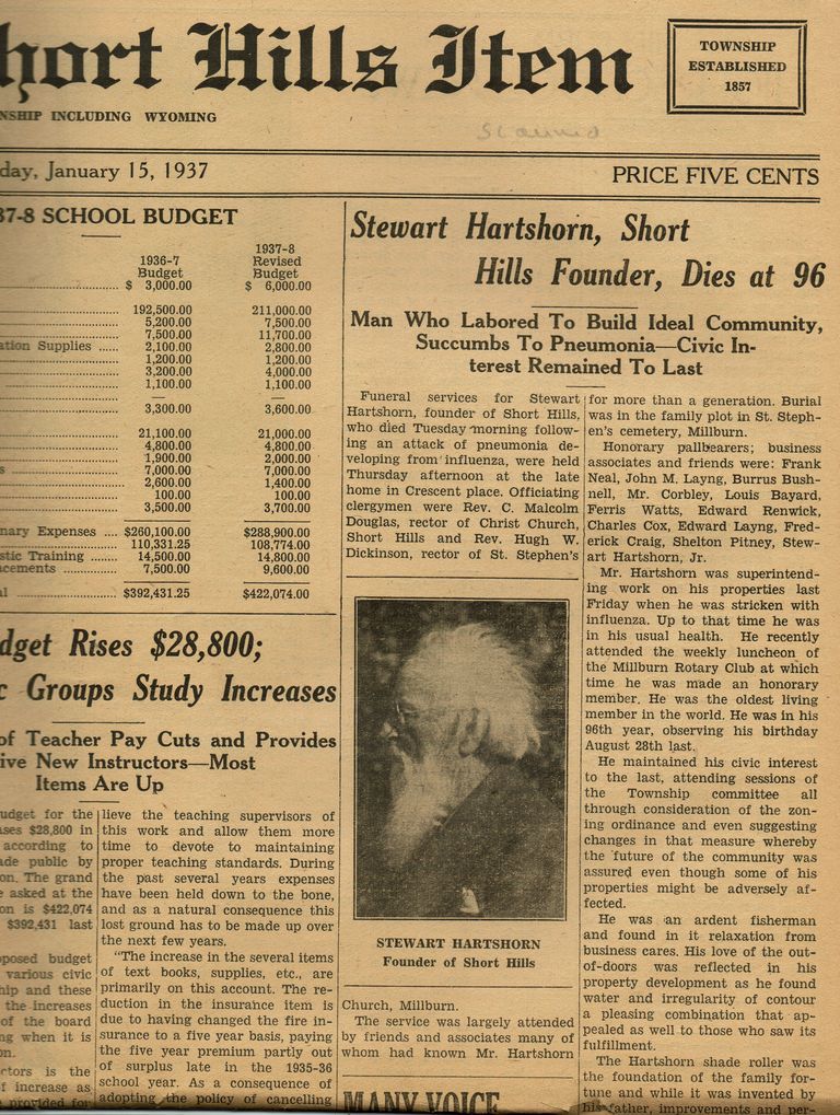          Hartshorn: Stewart Hartshorn Obituary, Millburn Short Hills Item, January 15, 1937 picture number 1
   