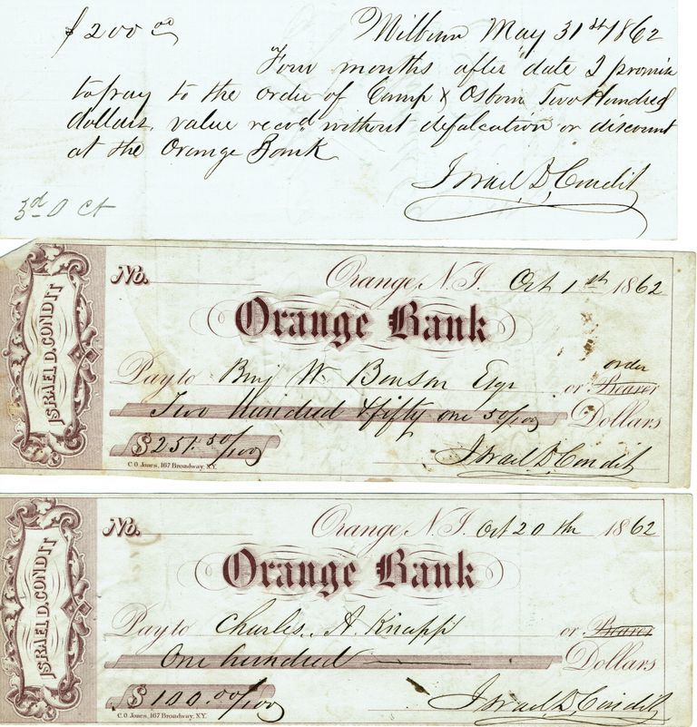          Condit: Israel Condit Promissory Note and Checks, 1862 picture number 1
   