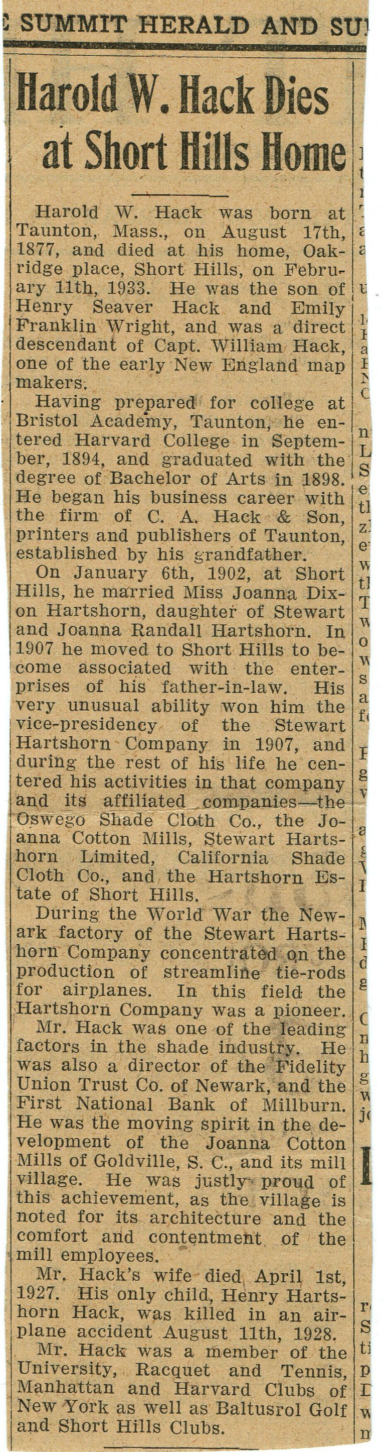          Harold Hack Obituary, Summit Herald, February 14, 1933 picture number 1
   
