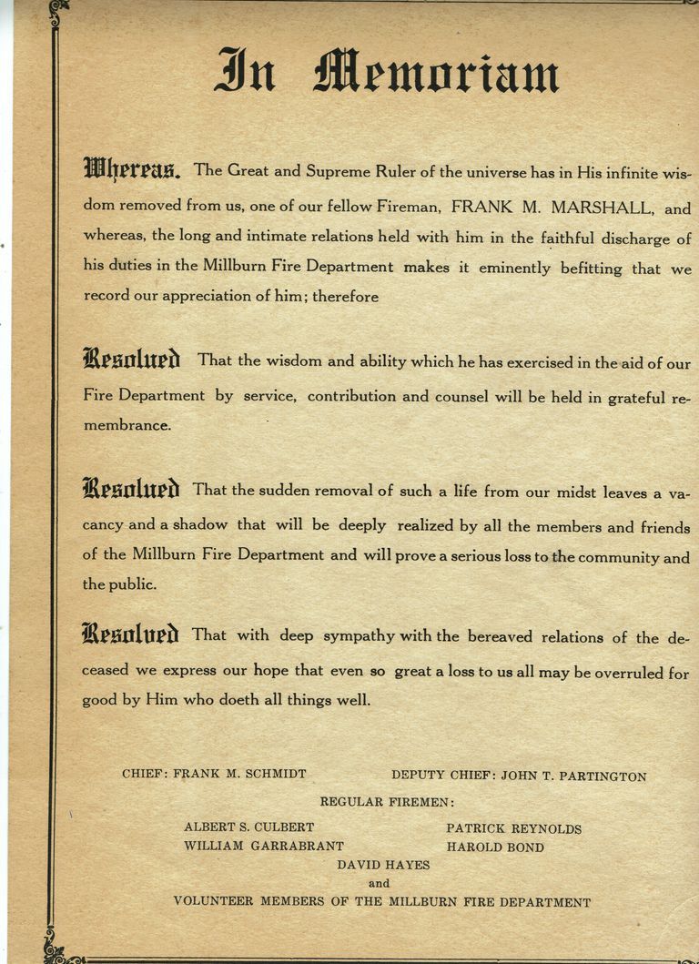          Marshall: Frank M. Marshall Memorial Document from Millburn Fire Department picture number 1
   
