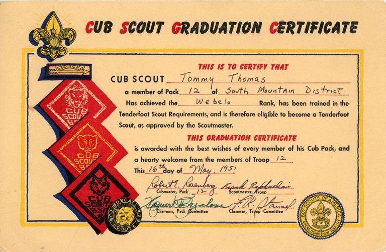          Boy Scouts: Tommy Thomas Cub Scout Graduation Certificate, 1951 picture number 1
   