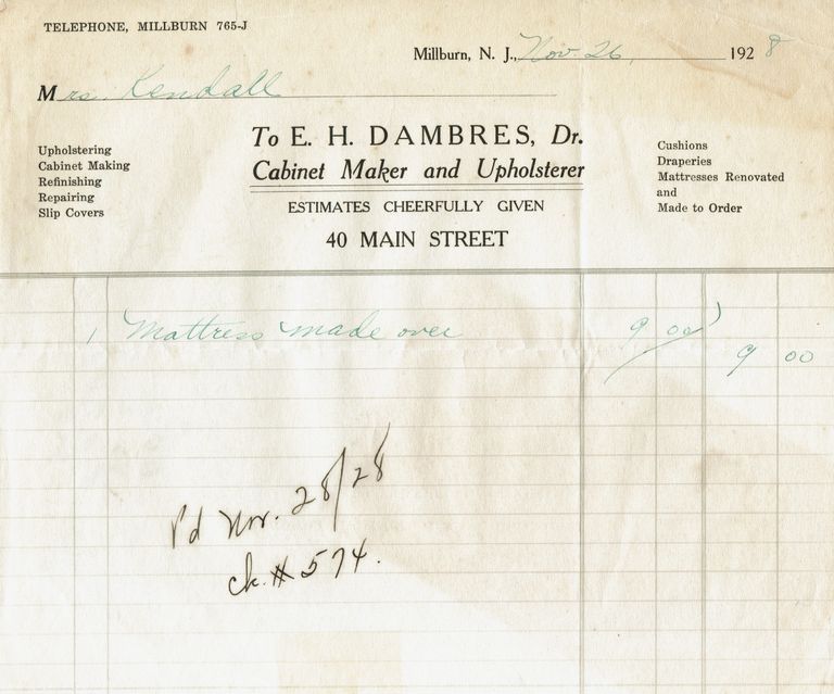          Dambres Upholstery: Receipt from E.H. Dambres, 40 Main Street, 1928 picture number 1
   