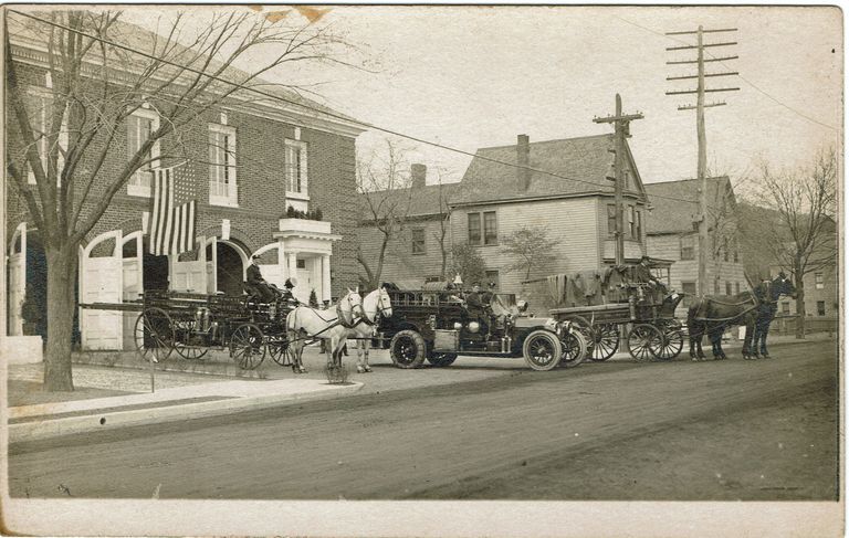          Fire Department: Horse-Drawn Fire Trucks in front of Millburn Fire House picture number 1
   