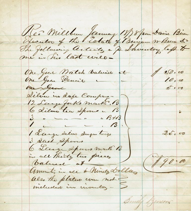          Brison: Emily Benson Receipt of Articles in Estate of Benjamin W. Benson, 1878 picture number 1
   