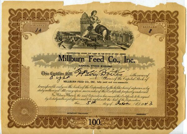          Millburn Feed Co., Inc. Capital Stock Certificate picture number 1
   