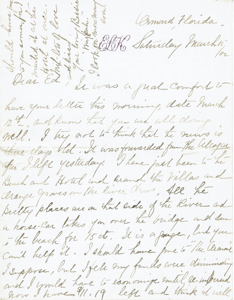          Kellogg: Letter from Bessie to Edward from The Ormond resort, March 15, 1902 picture number 1
   