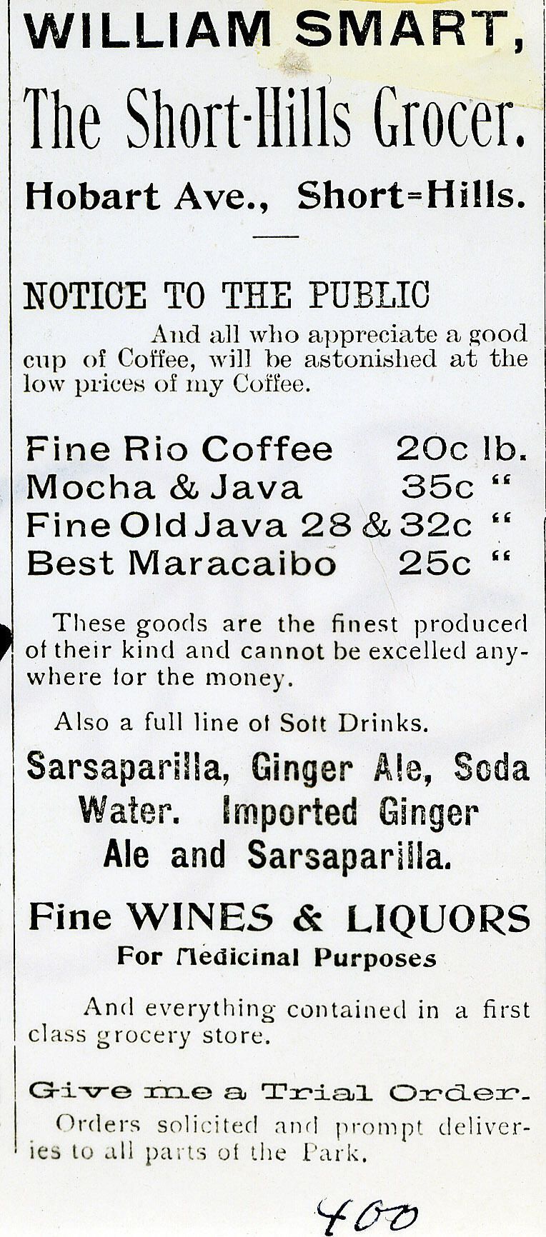          400 Advertisement for William Smart, Short Hills Grocer picture number 1
   