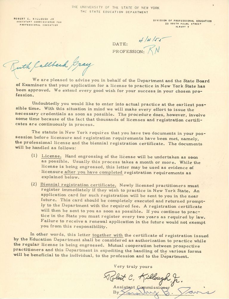          Gray: Ruth Gray New York Nursing License Letter, 1955 picture number 1
   