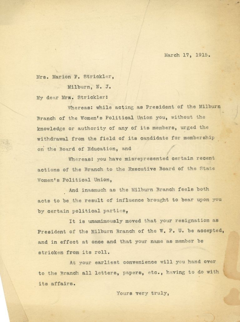          Millburn Women's Political Union: Marion Strickler Resignation, 1915 picture number 1
   