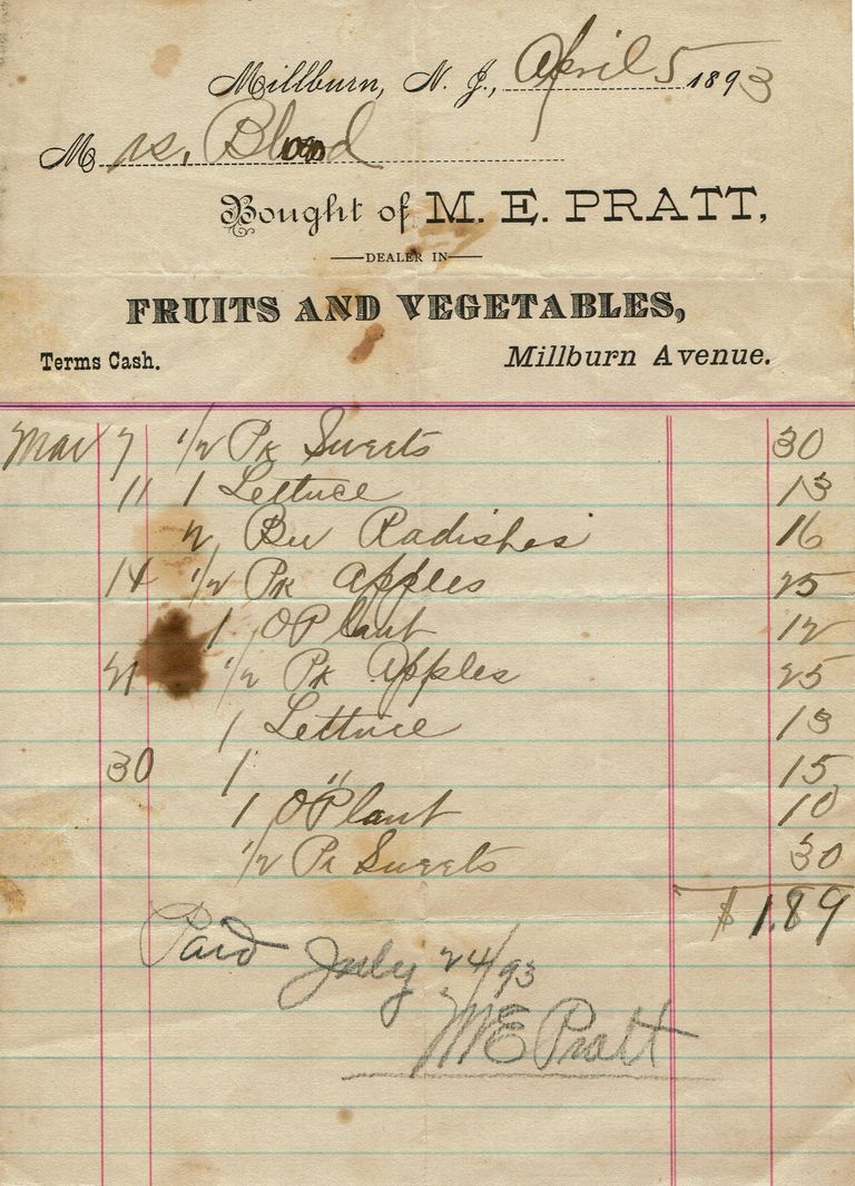          Blood Estate: Pratt Fruits and Vegetables Receipt, 1893 picture number 1
   