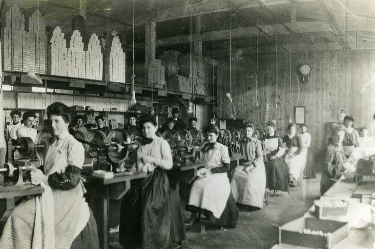          Photo ID # 409a; Interior view of factory and women at their stations, c. 1900
   