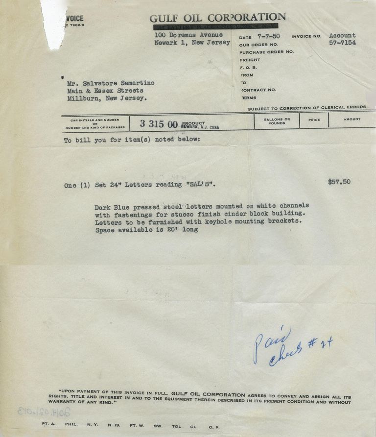          Gulf Oil Corporation Invoice to Salvatore Sammartino, owner/operator of Sal's Gulf Service Station, 1950 picture number 1
   