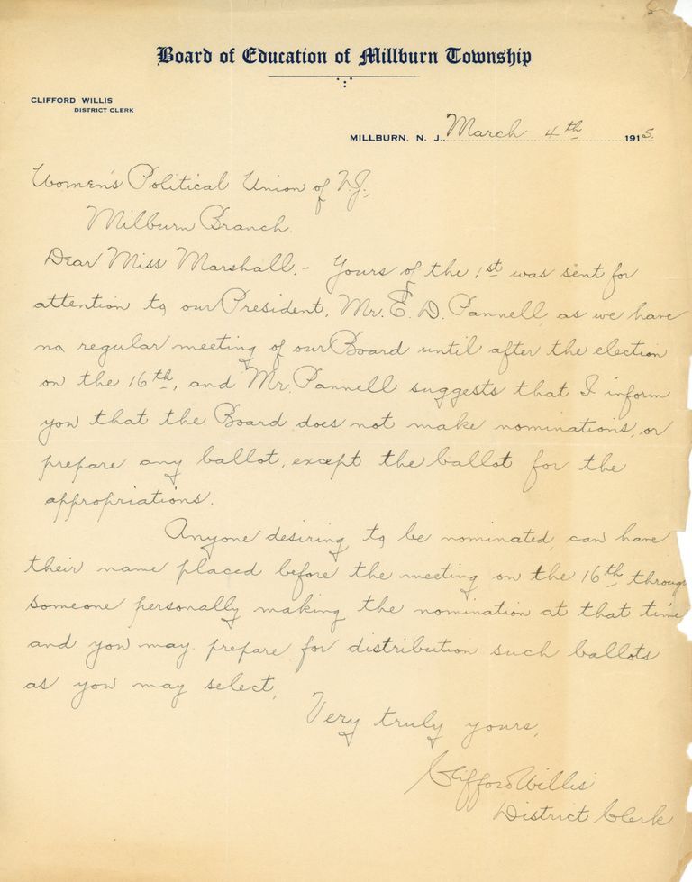          Millburn Women's Political Union: Female Candidate for Board of Education Inquiries, 1915 picture number 1
   