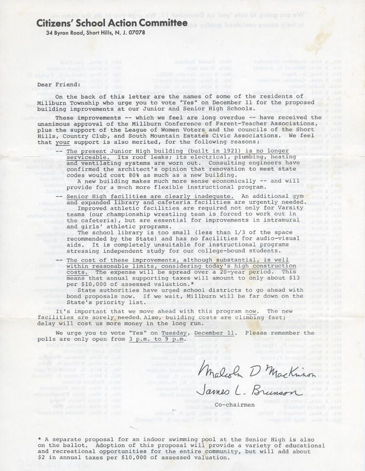          Millburn Schools Building Plan Citizens' School Action Committee Letter, 1973 picture number 1
   