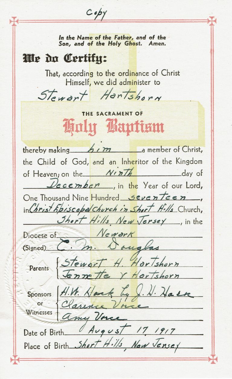          Hartshorn: Stewart Henry Hartshorn, Jr. Certificate of Baptism, 1917 picture number 1
   