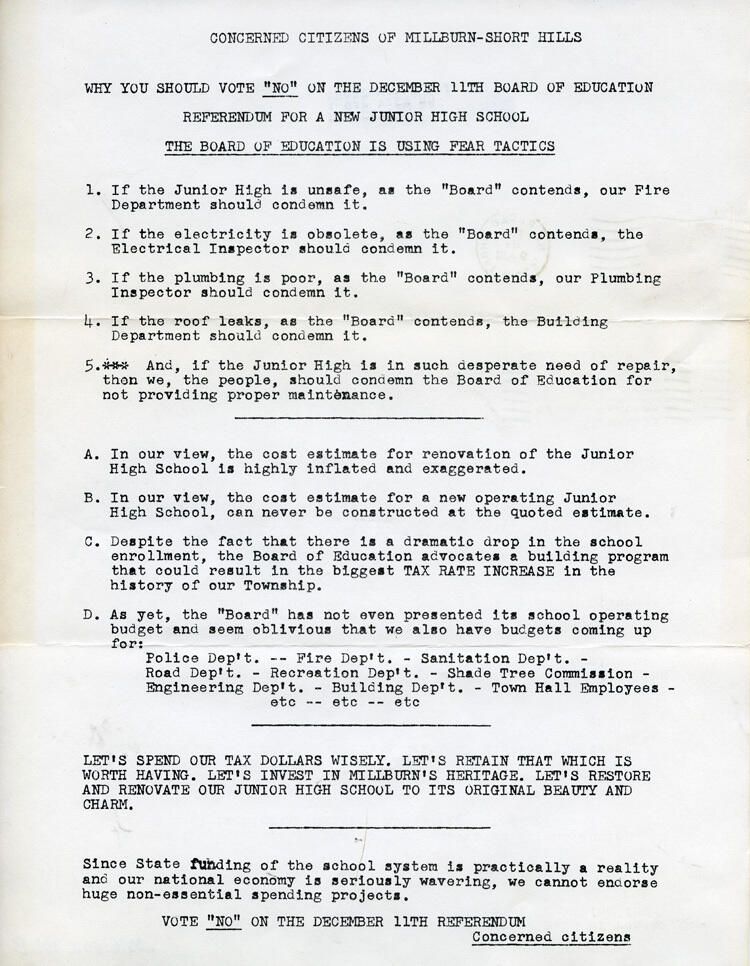          Millburn Schools Building Plan Letter Opposing the Construction of a new Millburn Junior High School, 1973 picture number 1
   