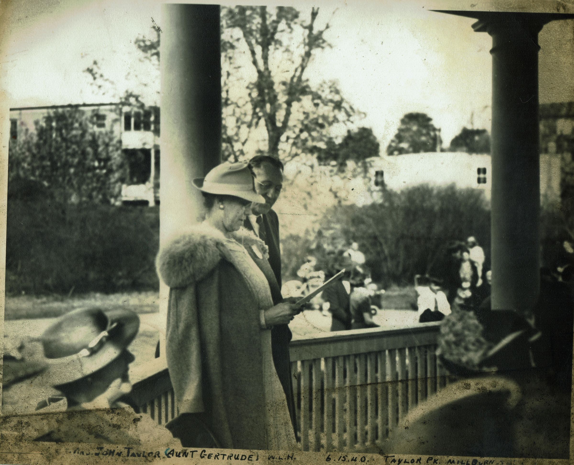 Dedication Ceremony at the Band Stand at Taylor Park, Millburn: With Wentworth Harrington, 7 Mountain Way, West Orange, a member of the Old Guard of Summit NJ was a nephew of Mr. John Taylor, for whom the park is named. He is shown in the picture with Mrs. Taylor at the dedication exercises of the Band Stand, which since has been removed. Mr. Harrington supplied the picture from which this reproduction was made. Note on back of photograph: Signed Ger B. Thomas