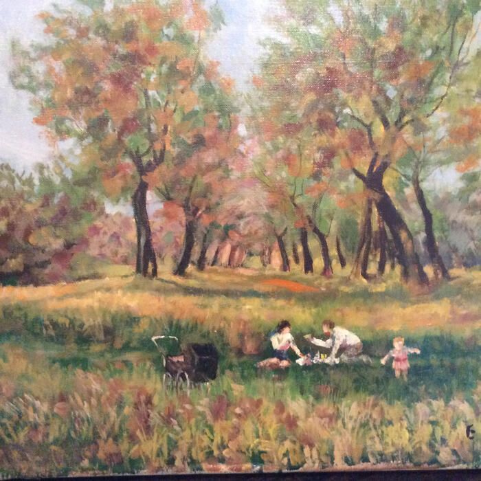          Dufner: Edward Dufner (in the style of) oil painting of family picnicking in central park picture number 1
   