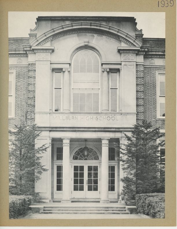          Front page of scrapbook. Millburn High School front entrance 1939.
   
