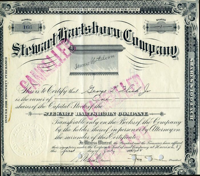          Hartshorn: Stewart Hartshorn Co stock certificate #166 for George L. Flick, Jr. picture number 1
   