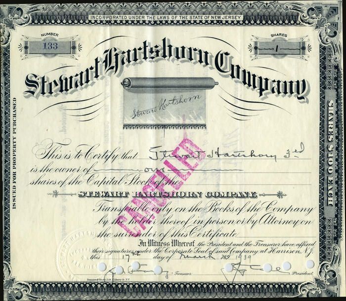          Hartshorn: Stewart Hartshorn Company stock certificate #133 picture number 1
   