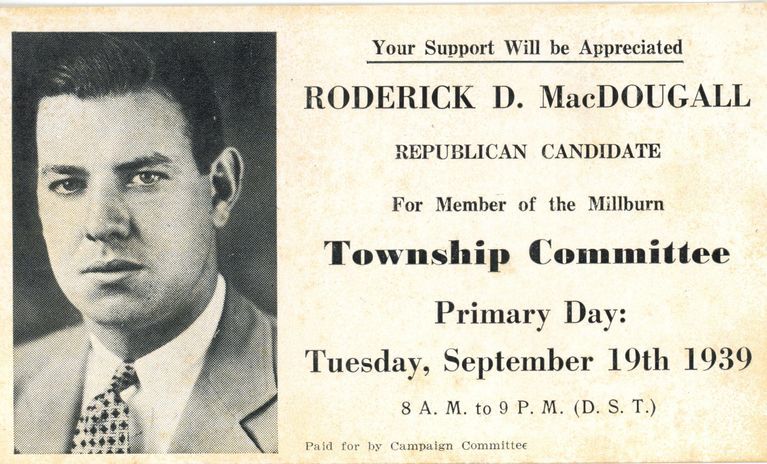          MacDougall: Roderick D. MacDougall Republican Candidate Promotional Card, 1939 picture number 1
   