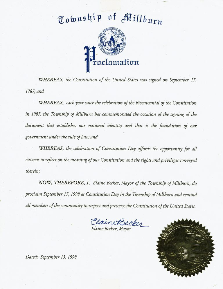          Constitution Bicentennial: Millburn Township Proclamation of Constitution Day, 1998 picture number 1
   