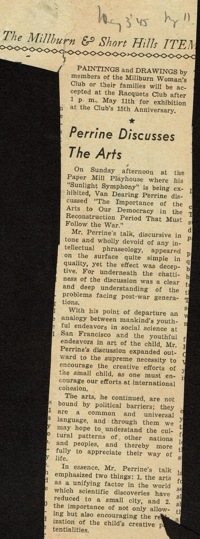          Millburn Art Club 1945 Scrapbook: Perrine Discusses the Arts, 1945 picture number 1
   