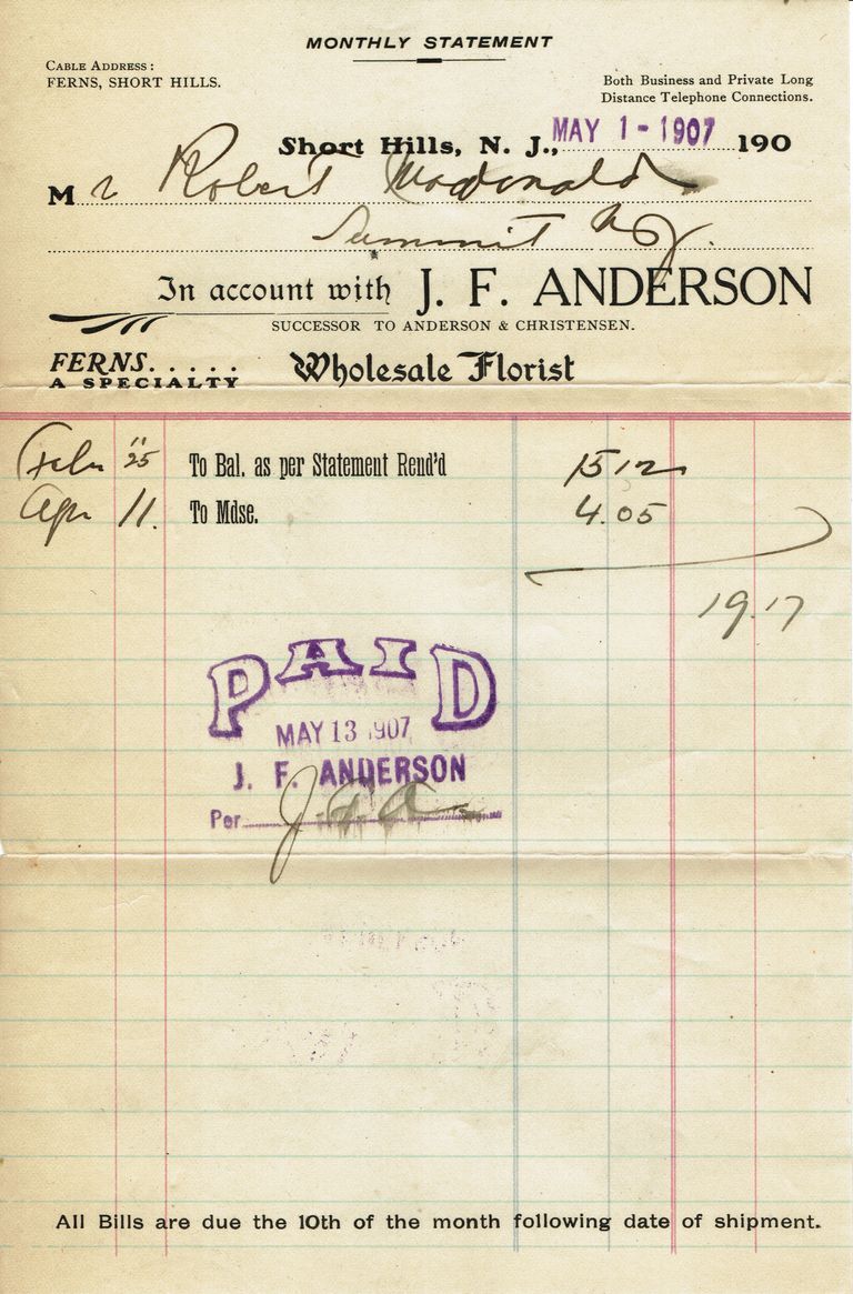          Florist: Paid Invoice from J.F. Anderson Wholesale Florist, 1907 picture number 1
   