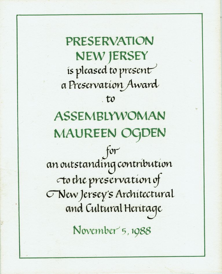          Ogden: Maureen Ogden Preservation New Jersey Award, 1988 picture number 1
   