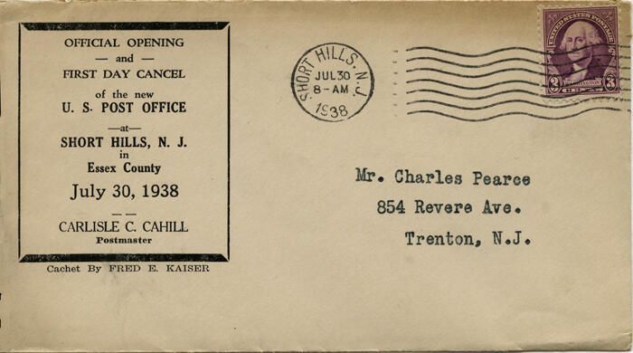          Short Hills Post Office opening first day cancel envelope, 1938 picture number 1
   