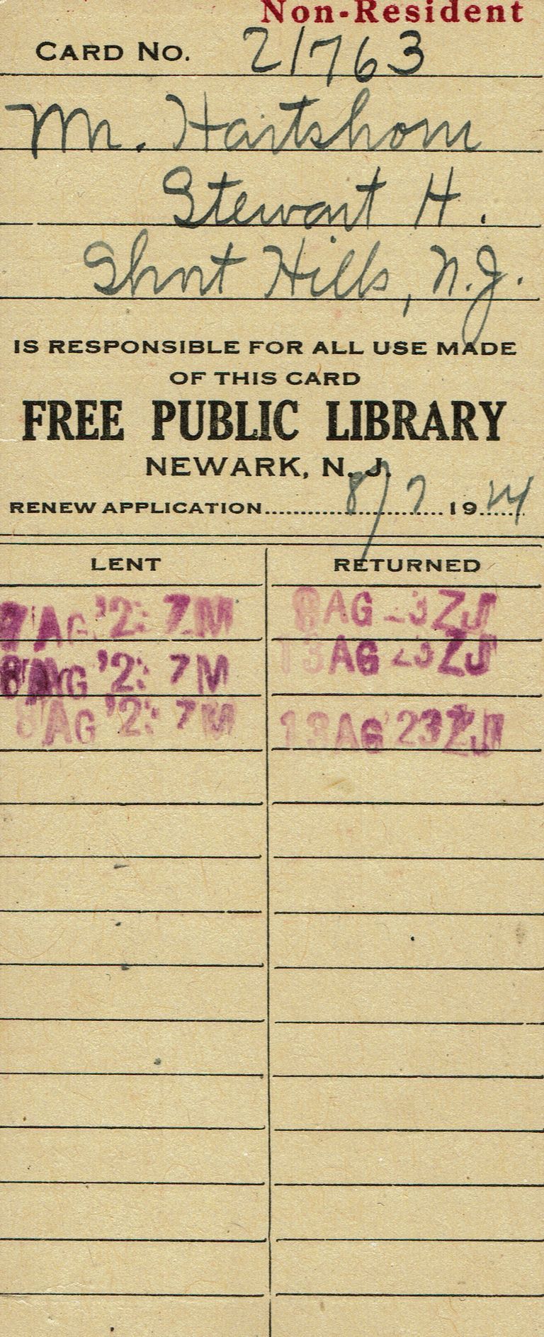          Hartshorn: Stewart Henry Hartshorn Library Card, Newark, 1923 picture number 1
   