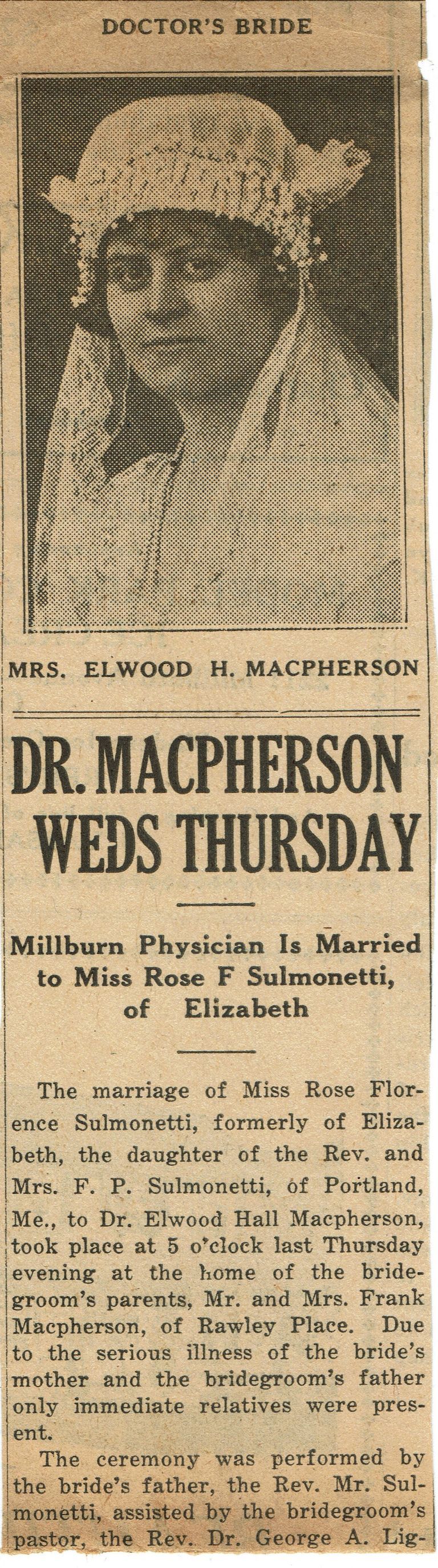          Macpherson: Elwood and Rose Macpherson Wedding Announcement, 1926 picture number 1
   