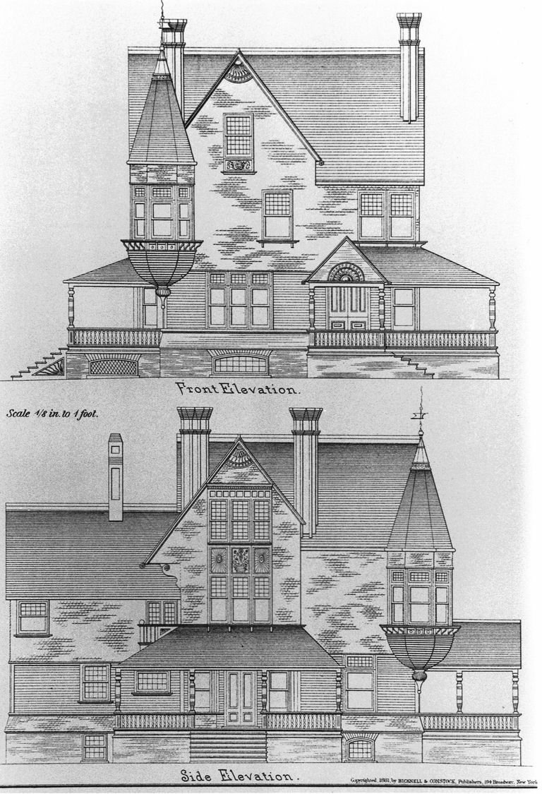          Drawing of The Anchorage from the 1881 Bicknell and Comstock Pattern Book.; Side and Front Elevations. Architects: Lamb and Wheeler
   