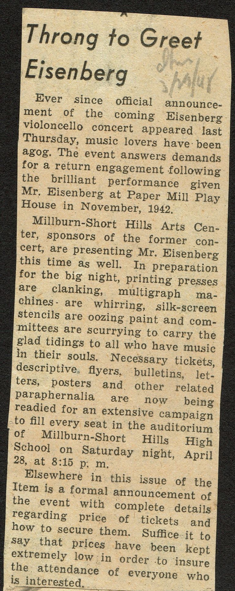          Millburn Art Center 1945 Scrapbook: Throng to Greet Maurice Eisenberg, 1945 picture number 1
   