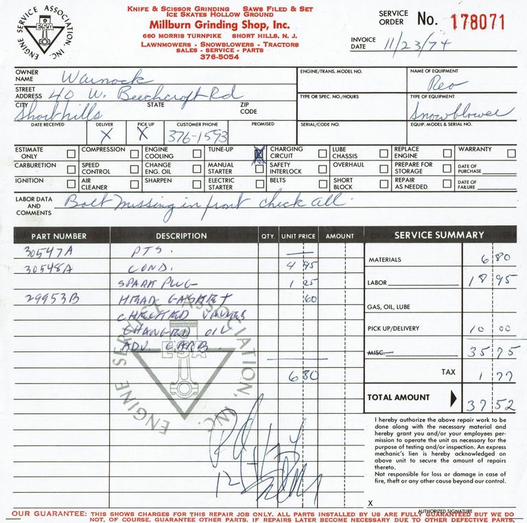          Millburn Grinding Shop: Receipt to Malcolm Warnock, 1974 picture number 1
   